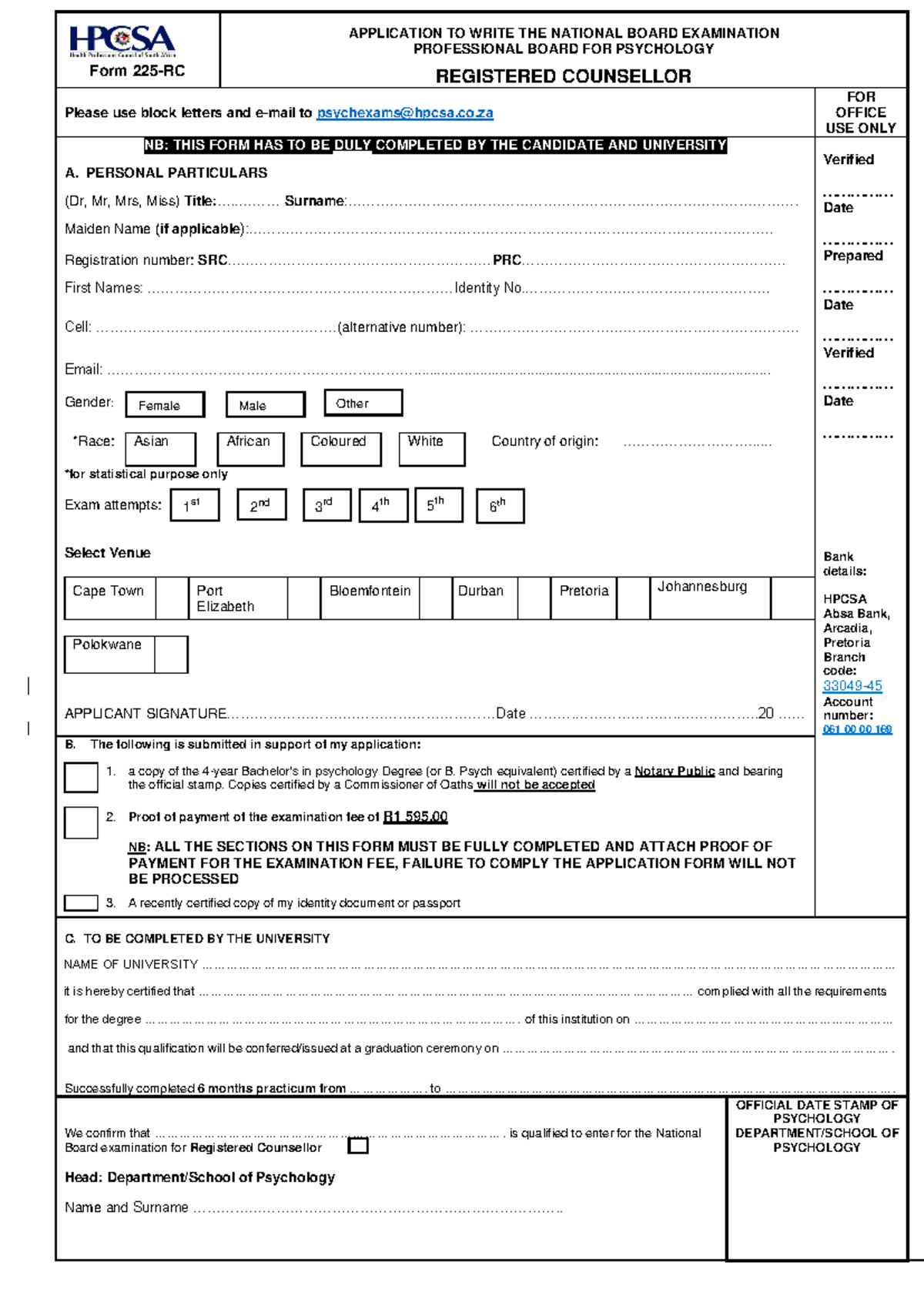 PSB Exam Application Form for Registered Counsellor 2023 - Studocu