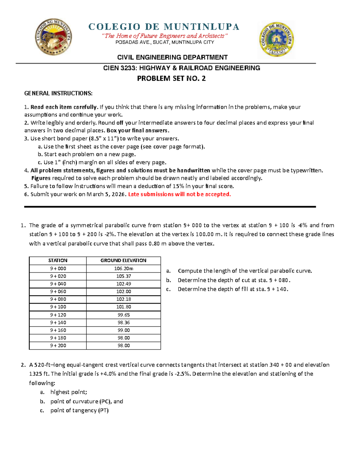 CIEN 3233: Highway Railroad Engineering Problem Set No. 2 - Studocu