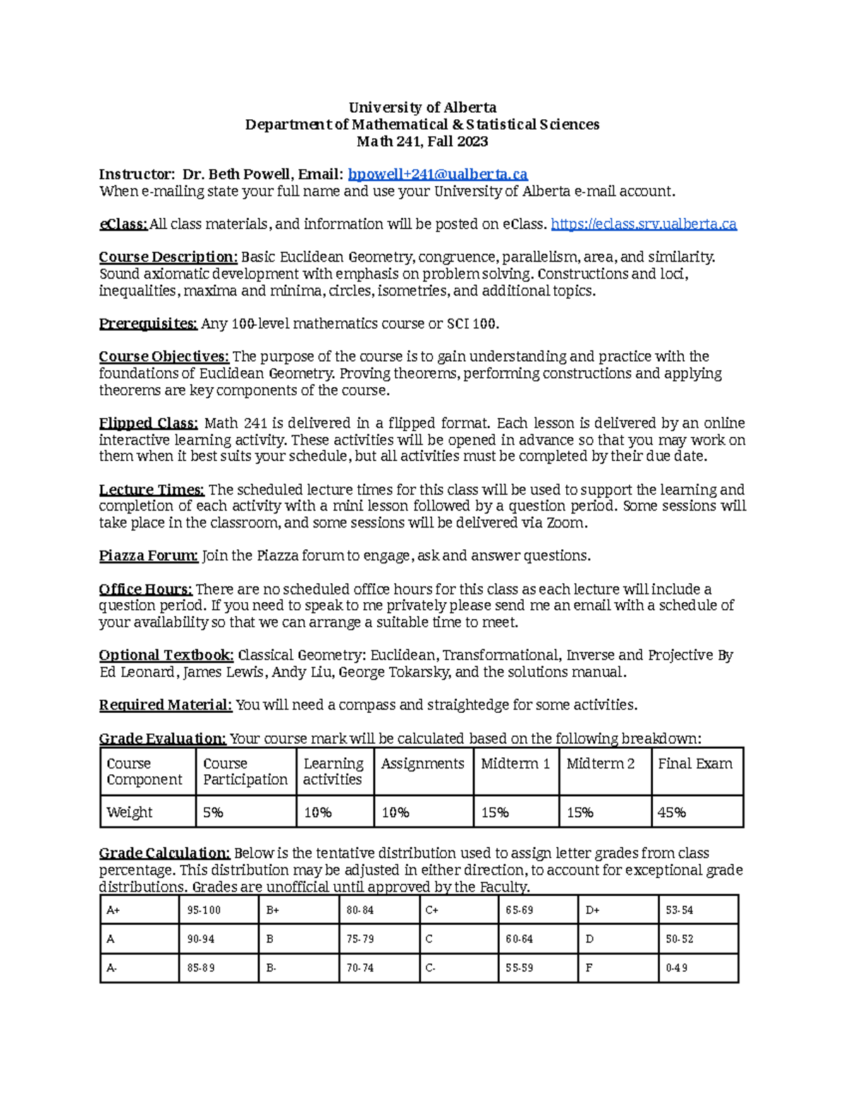 Math 241 Fall 2023 Syllabus: Euclidean Geometry Overview - Studocu