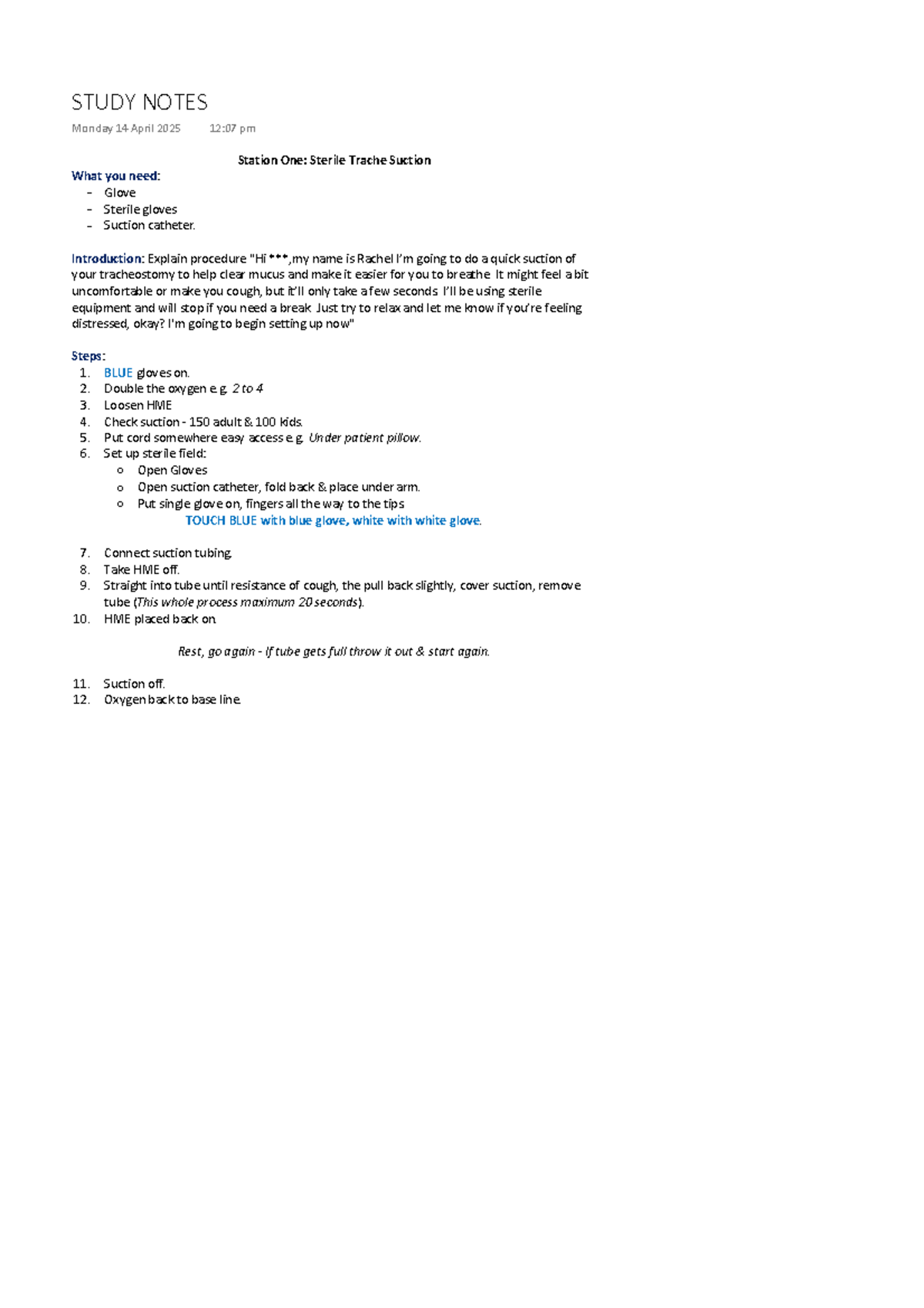 Study Notes - Station One: Sterile Trache Suction - Station One ...