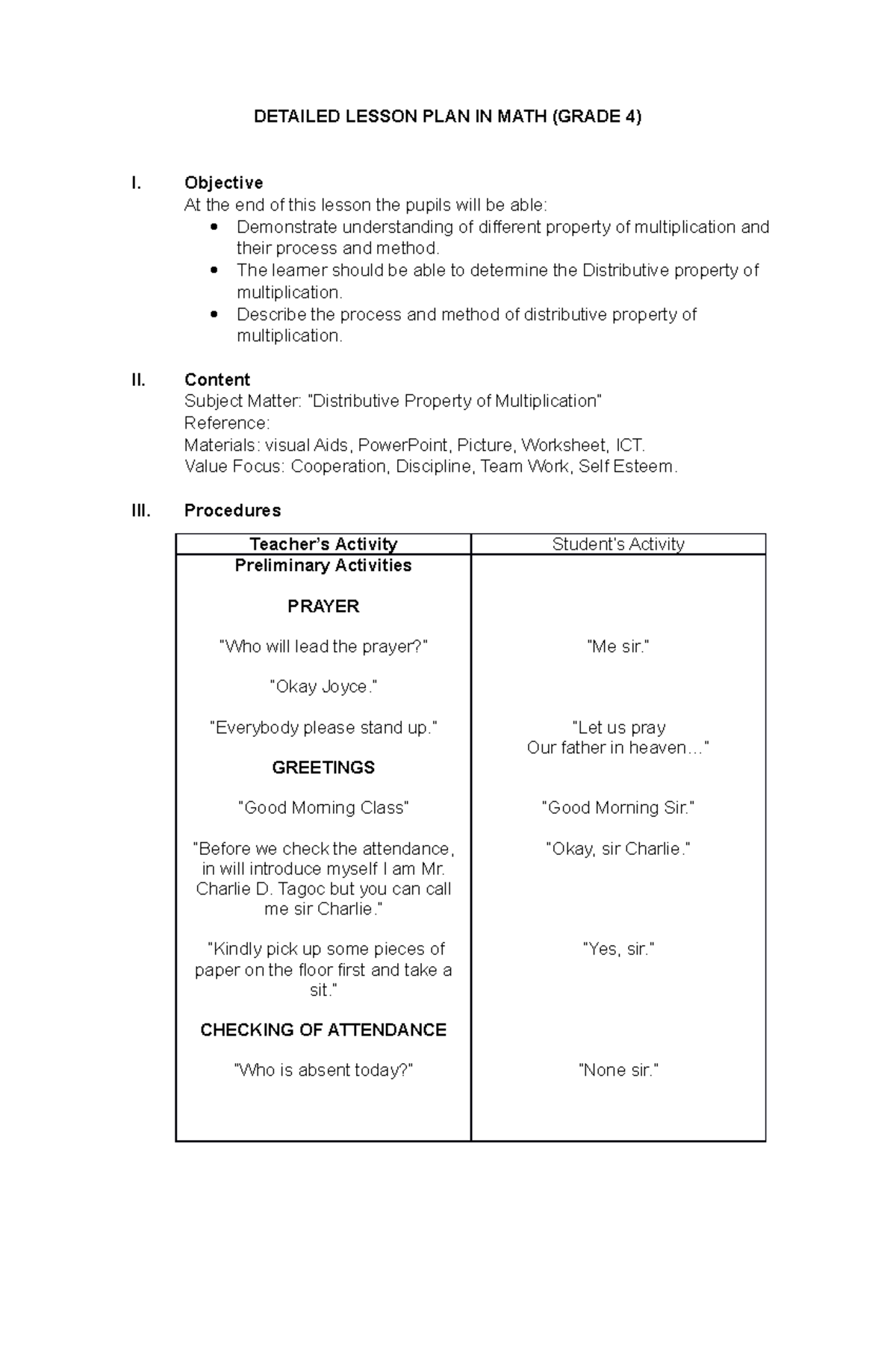 Detailed Lesson Plan in Math (Grade 4): Focus on Multiplication - Studocu