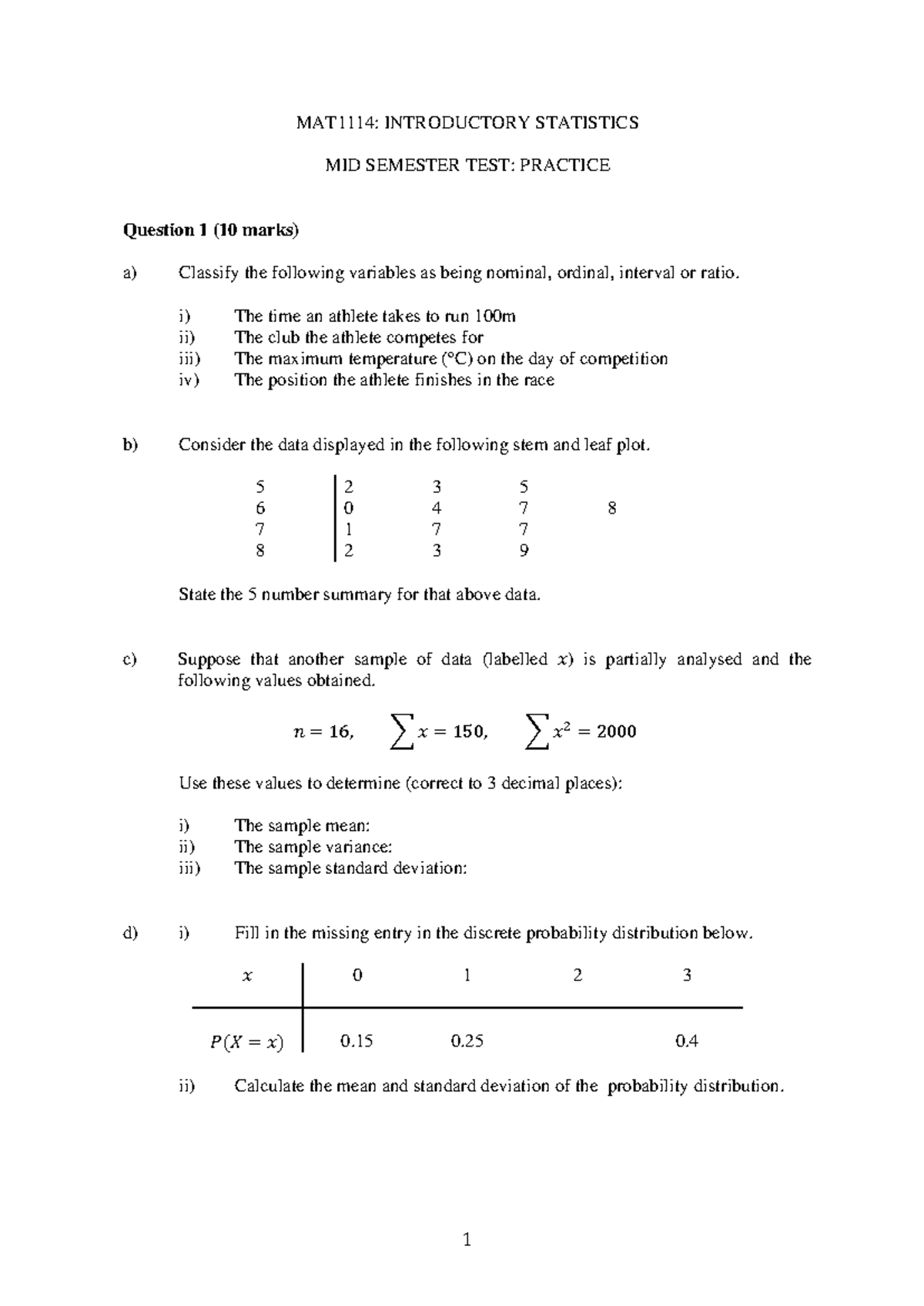 Mid Semester Test Practice - 1 MAT1114: INTRODUCTORY STATISTICS MID ...