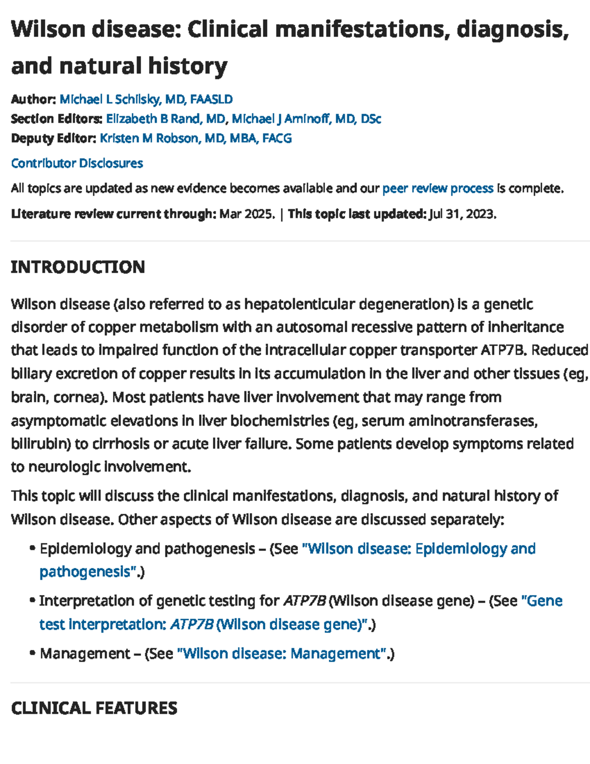 Wilson Disease: Clinical Manifestations, Diagnosis, and Natural History ...