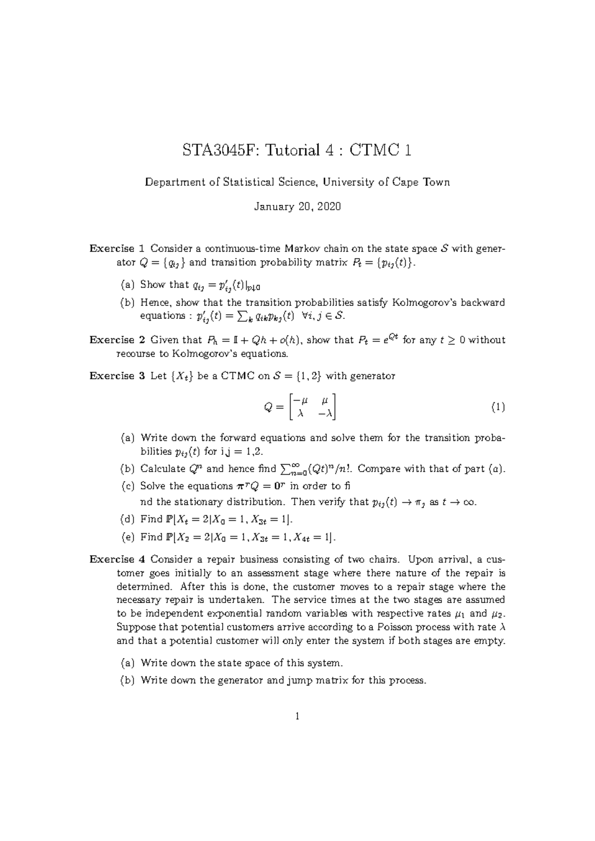 STA3045F: Tutorial 4 - Continuous-Time Markov Chains (CTMC) - Studocu