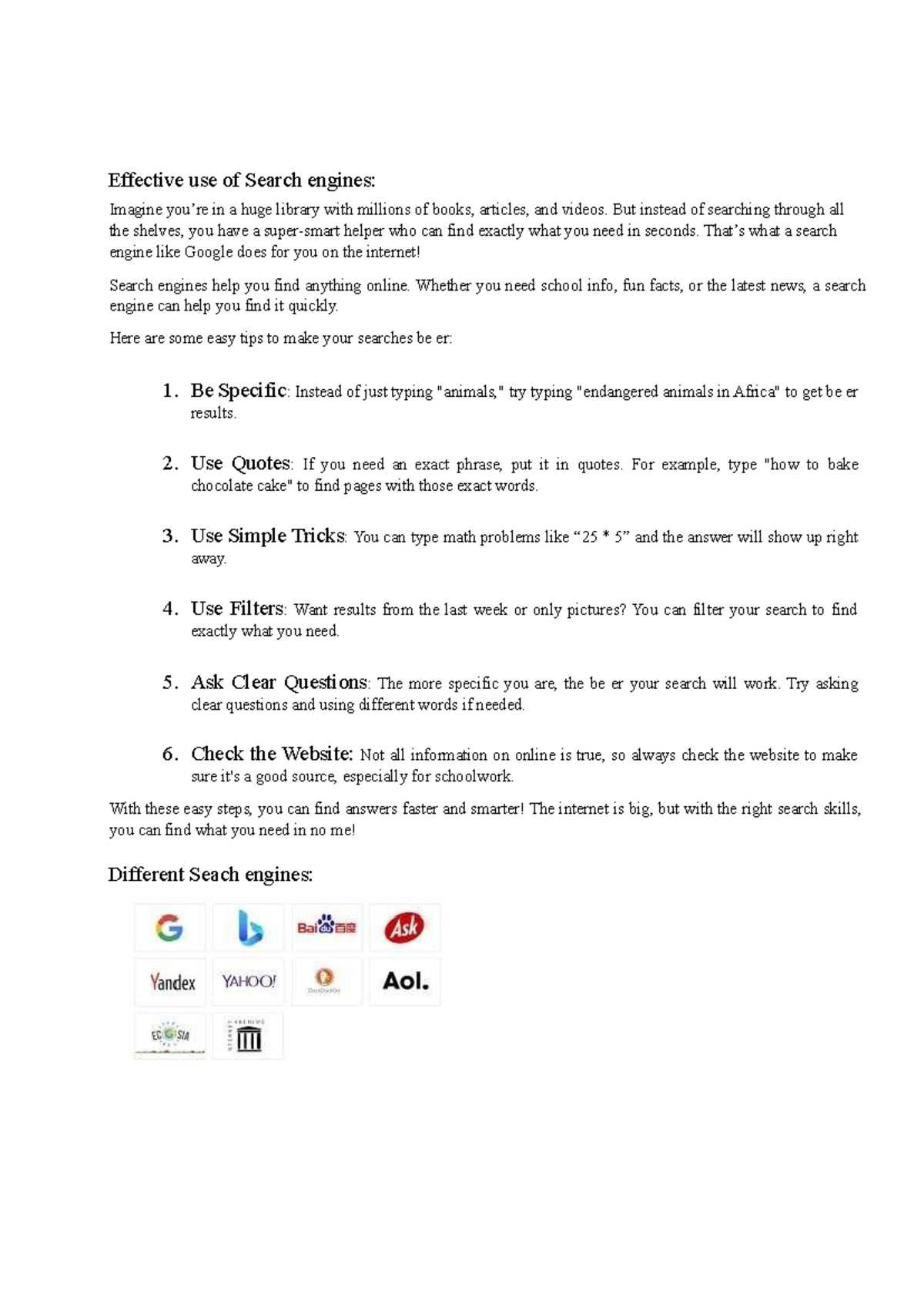 ICT topics - Notes - Effective use of Search engines: Imagine you’re in ...