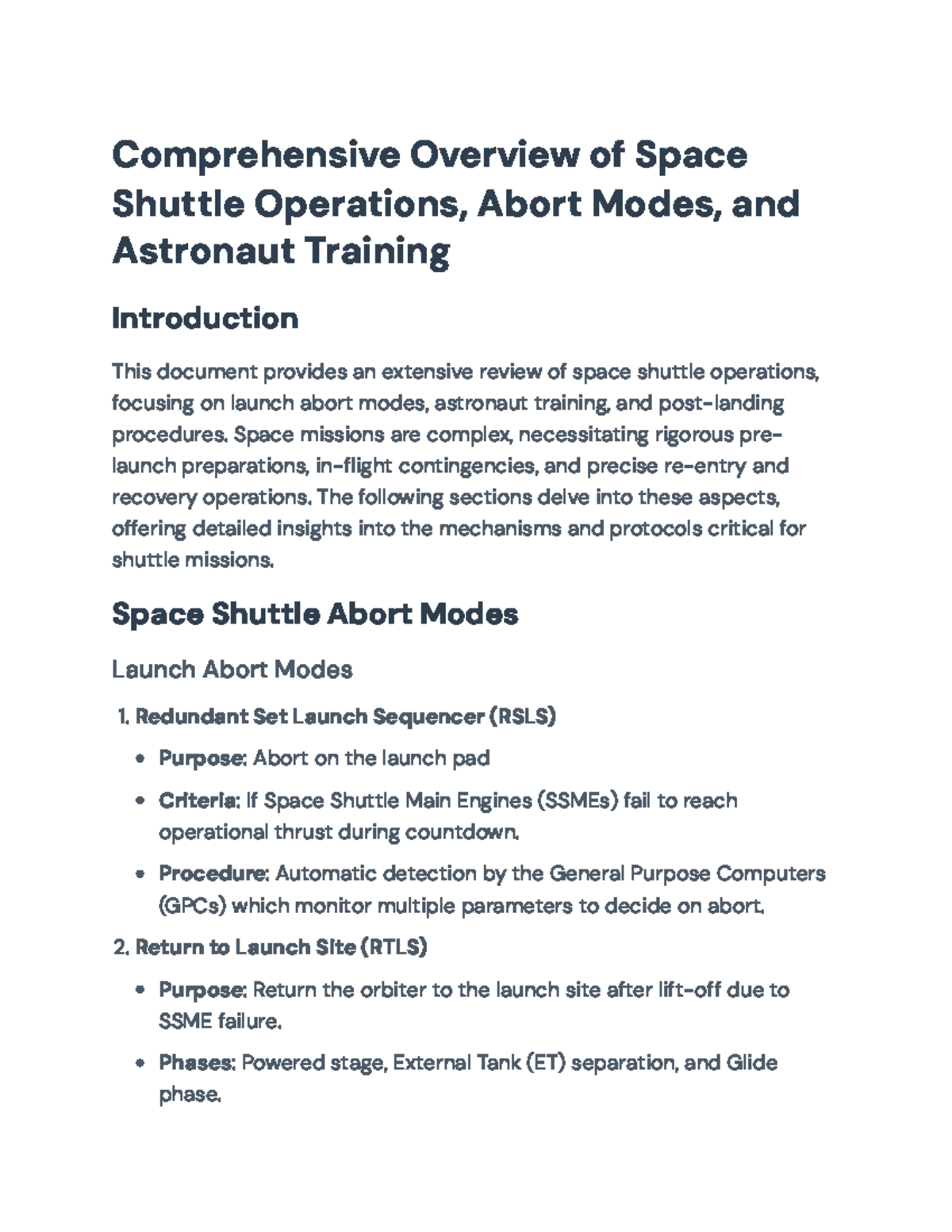 Comprehensive Review of Space Shuttle Operations and Training ...