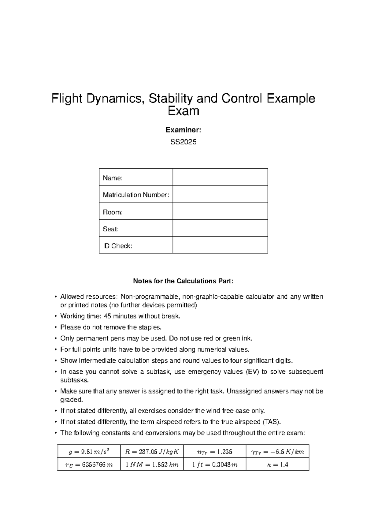 FDSC 2025 Example Exam - Flight Dynamics, Stability & Control - Studocu