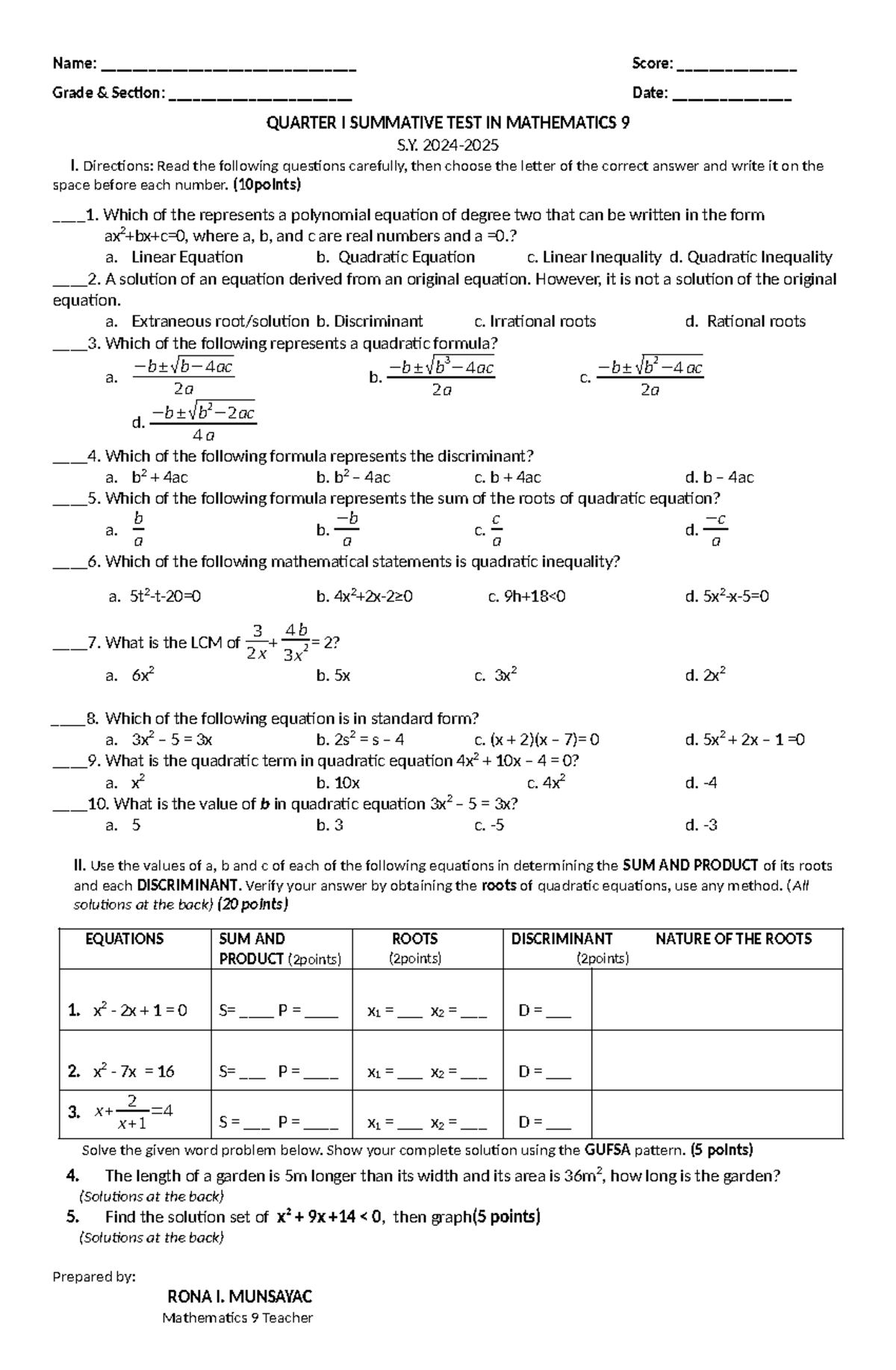 1st Summative Test In Math 9 SY2024 2025 - Name ...