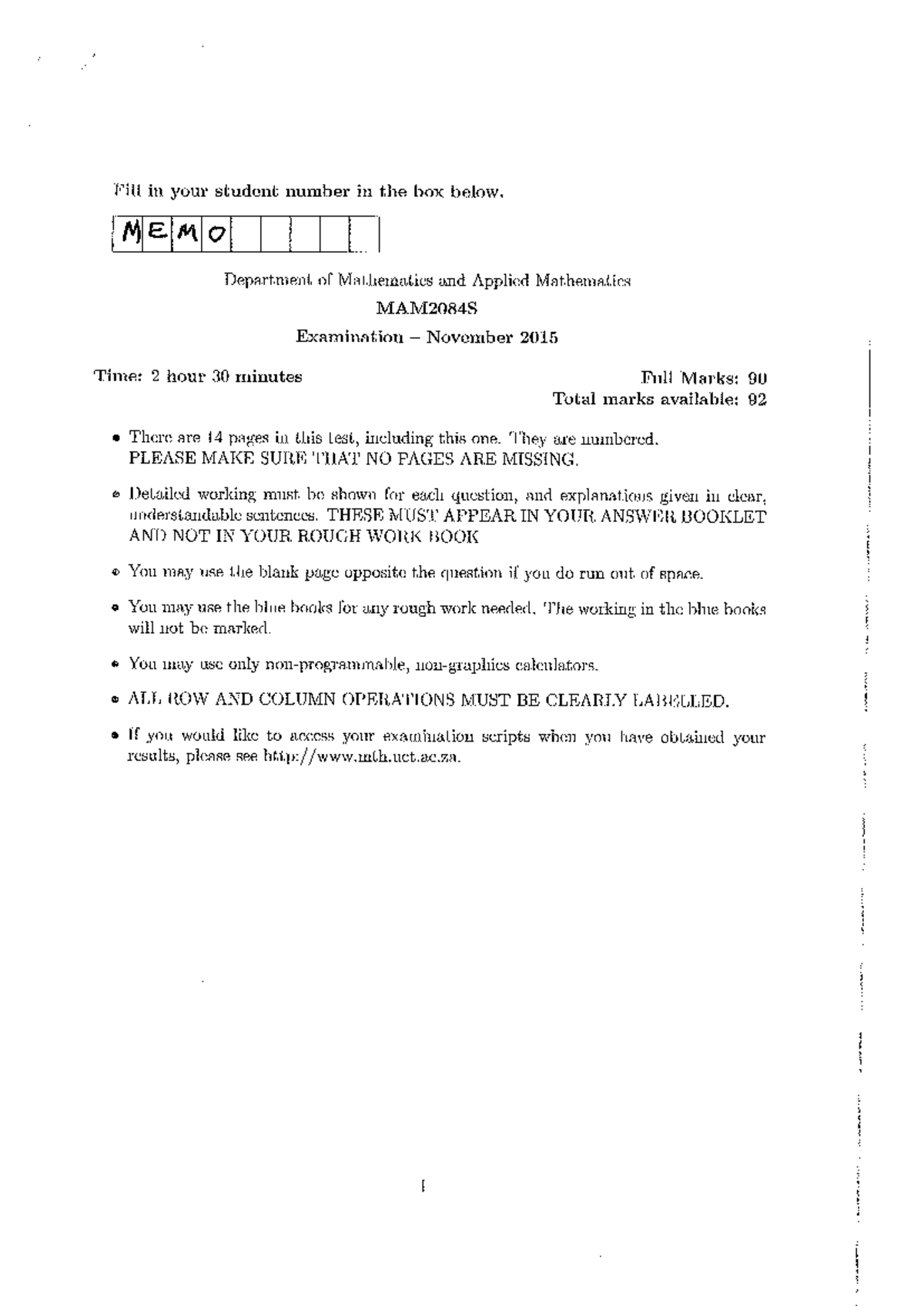 MAM2084S 2015 Final Exam Solutions: Mathematics & Applied Math - Studocu
