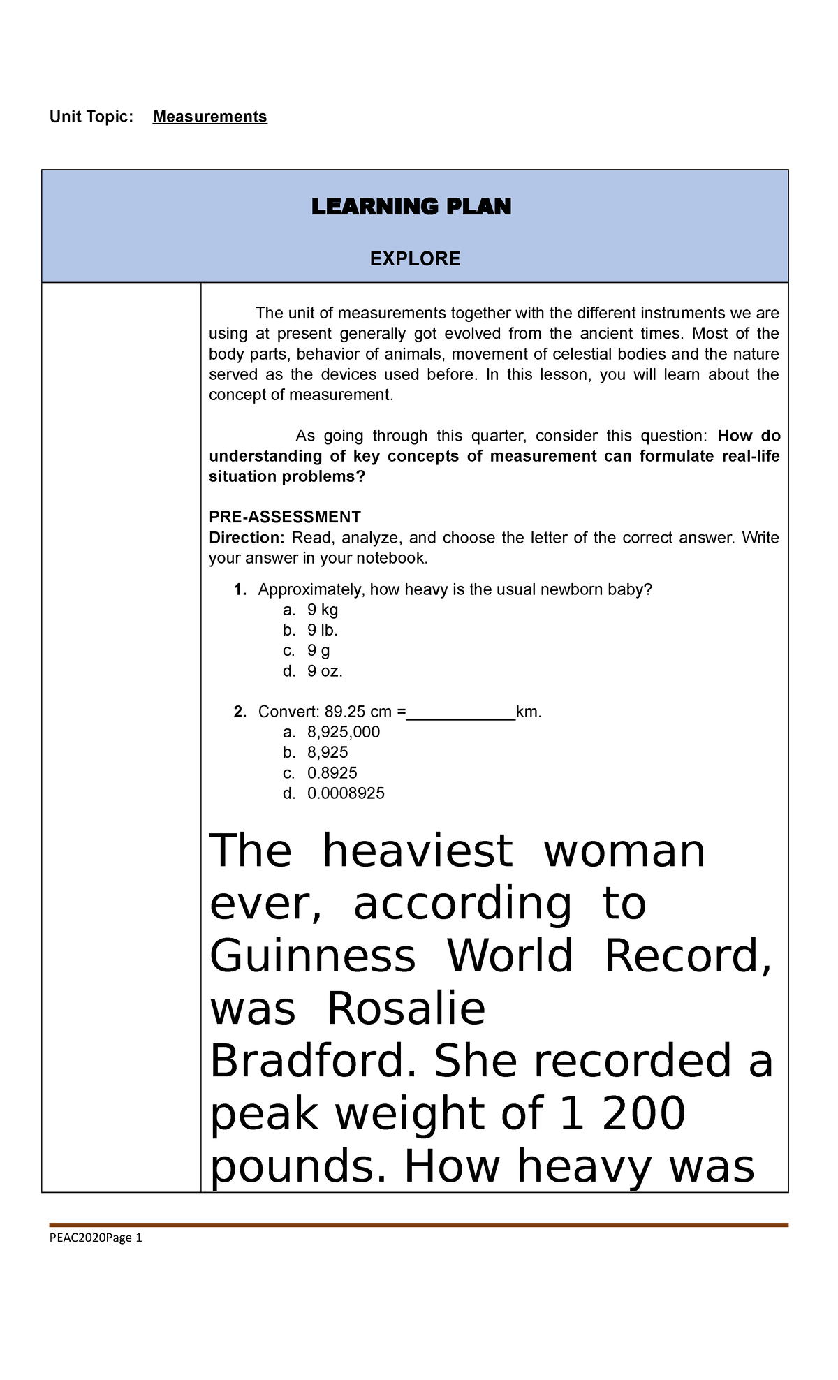 M7ME-II Learning Plan: Measurements in 2nd Quarter Math 7 - Studocu
