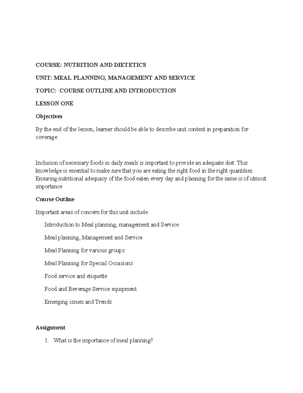 NUTRITION AND DIETETICS: MEAL PLANNING, MANAGEMENT & SERVICE OVERVIEW ...