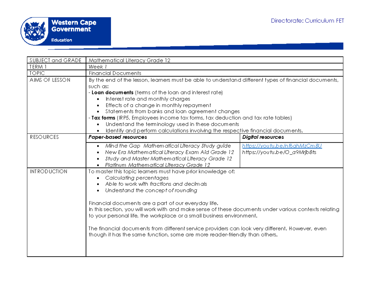 Mathematical Literacy Grade 12 Term 1 Week 1 2021 - Directorate ...
