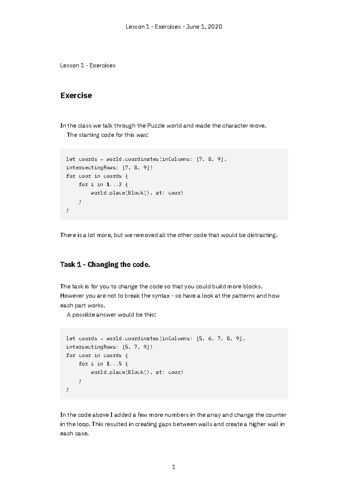 Lesson 1 Exercises (CS101) - Code Modification and Character Movement ...