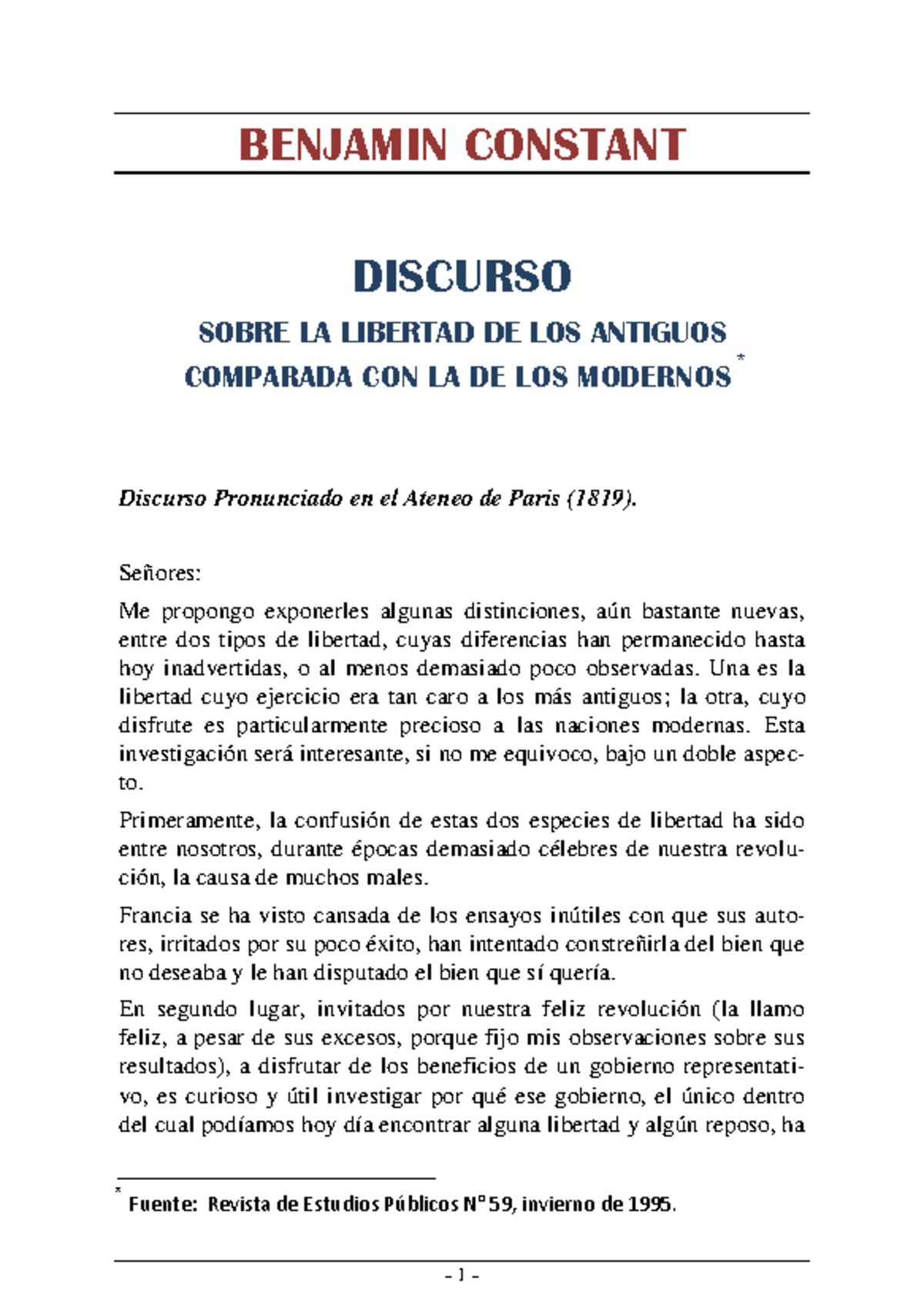 Discurso sobre la Libertad: Antiguos vs. Modernos (1819) - Document Preview