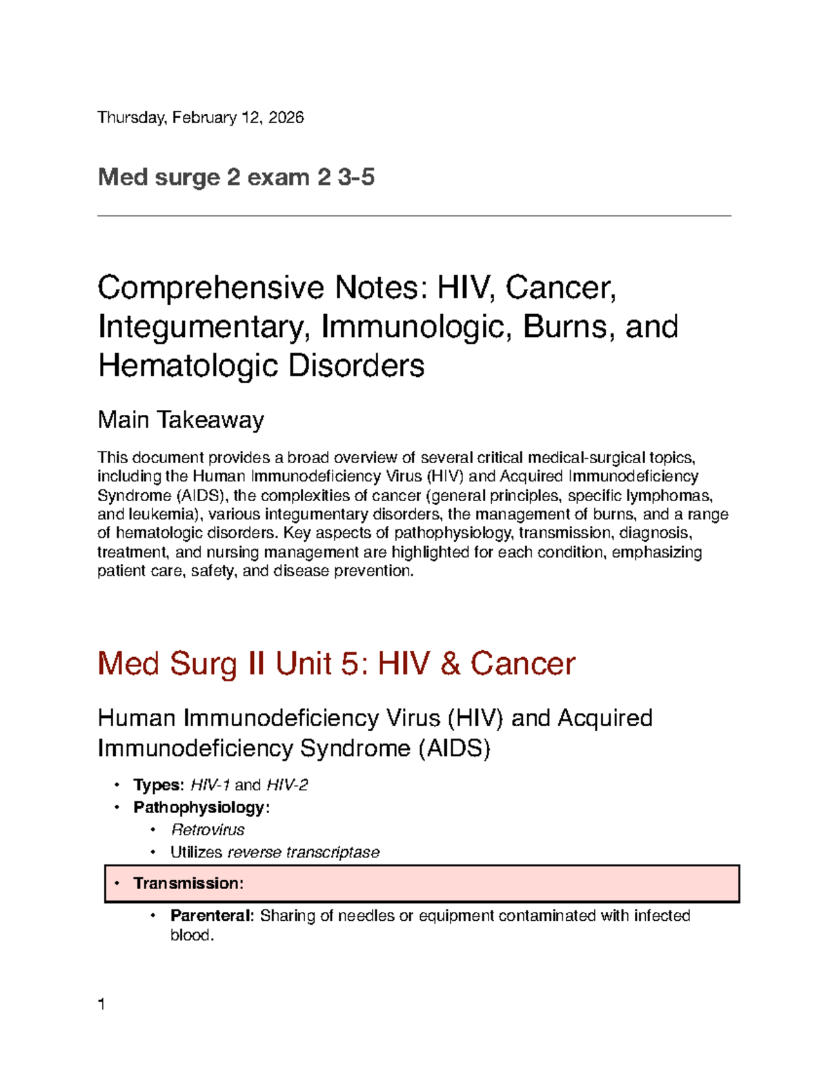 Med Surg II Exam 2 Comprehensive Notes: HIV, Cancer, Burns & Disorders ...