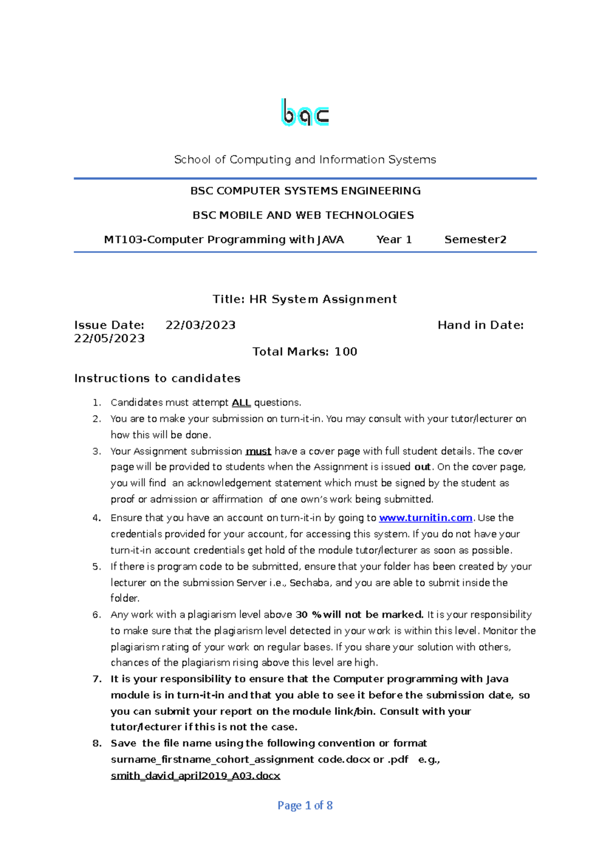 MT103 JAVA Assignment: HR System Development Final Project - Studocu
