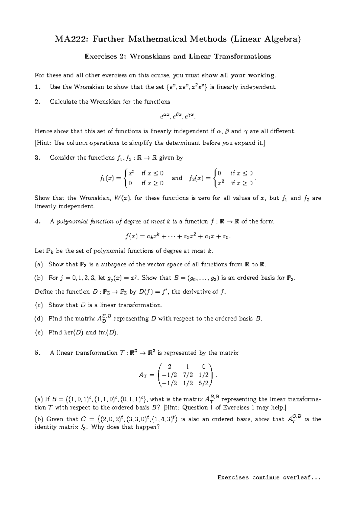 MA222: Further Mathematical Methods Exercises 2 - Studocu