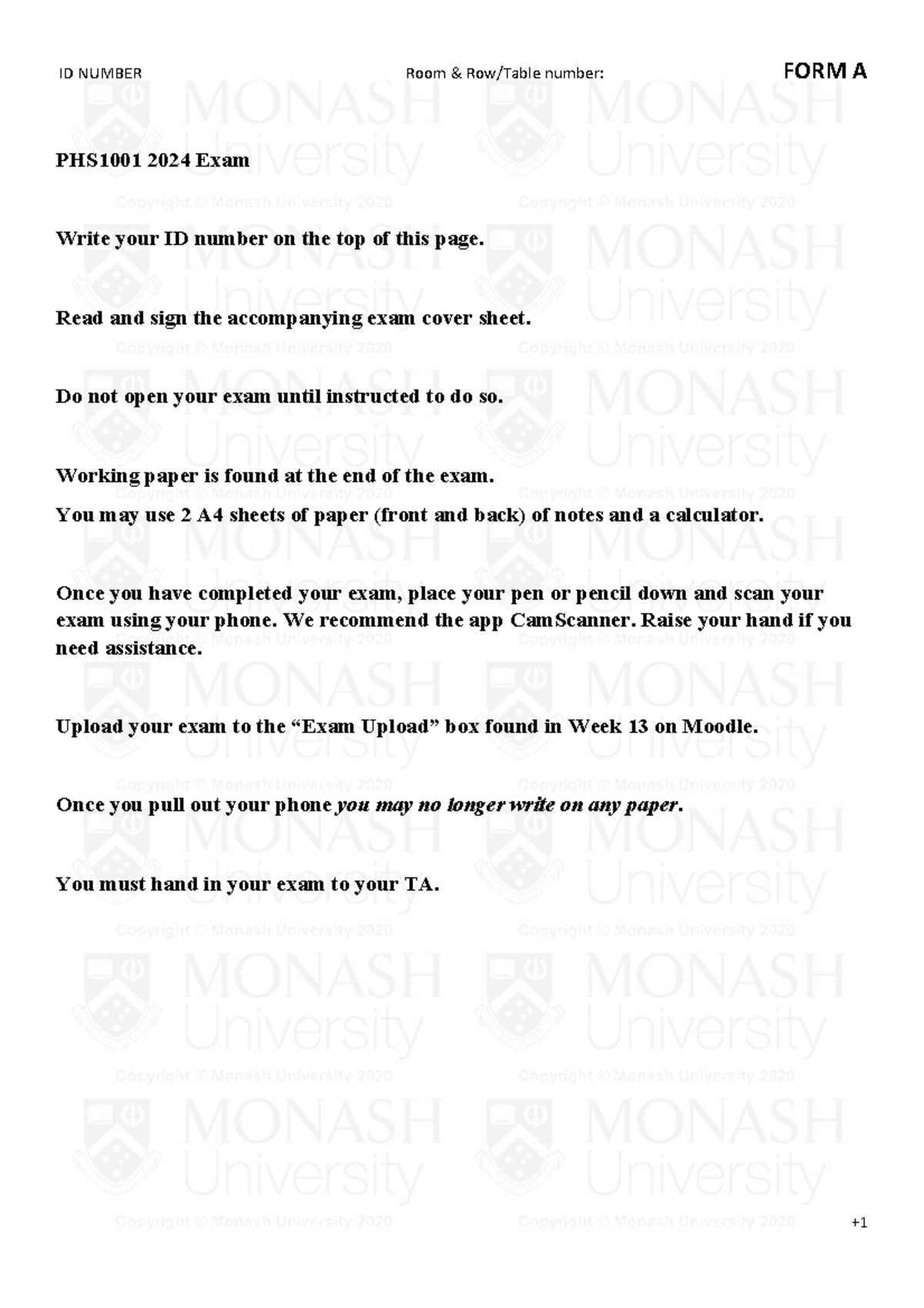 PHS1001 2024 Final Exam Instructions and Mechanics Questions - Studocu