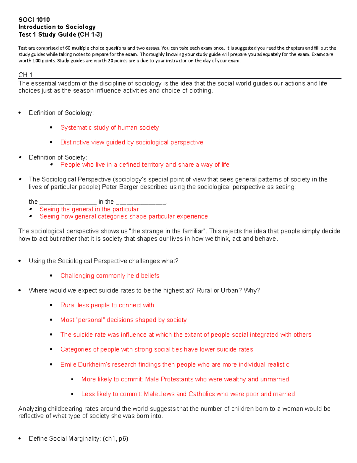 SOCI 1010 Test 1 Study Guide: Key Concepts from Chapters 1-3 - Studocu