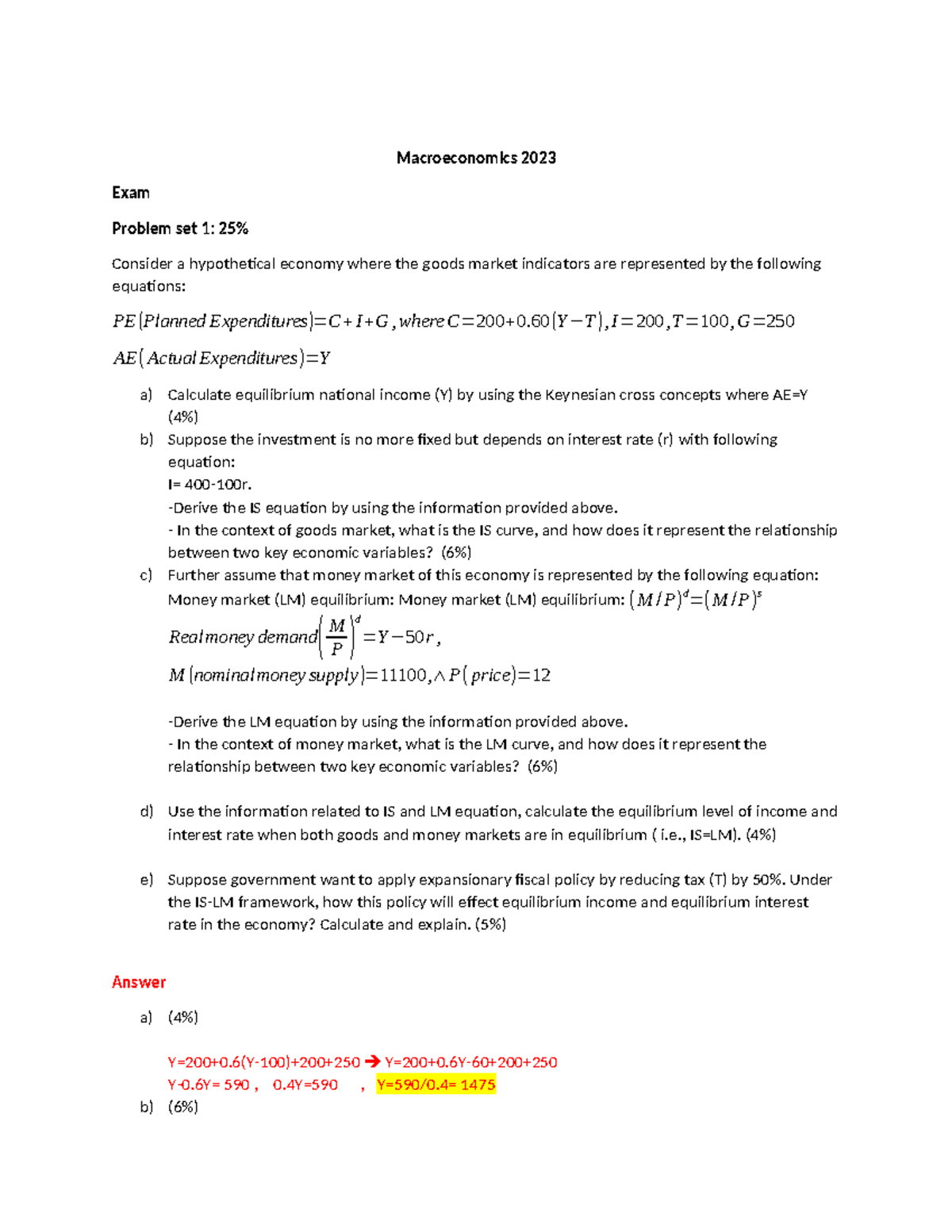 Macroeconomics 2023 Final Exam Problem Set: IS-LM Analysis and Growth ...