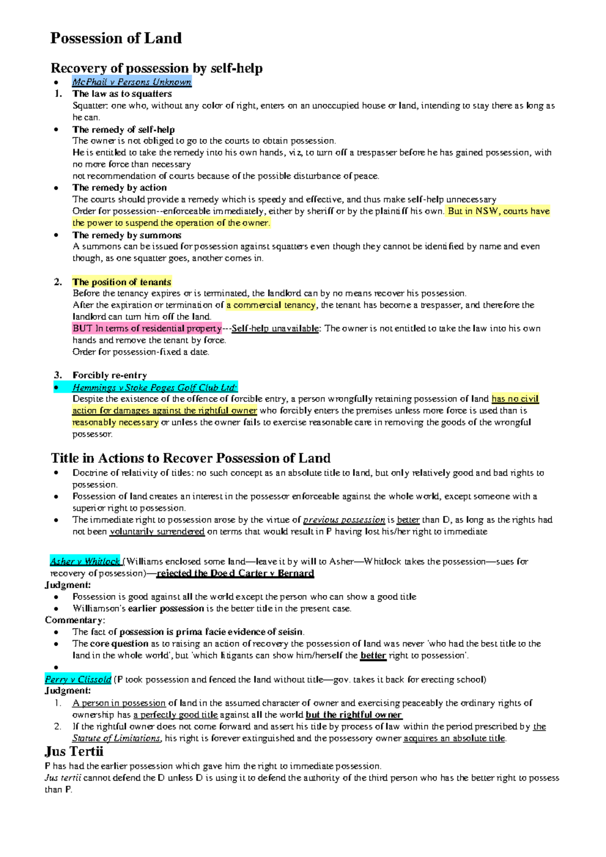 20527-PPL - Key Notes on Recovery of Possession of Land - Studocu