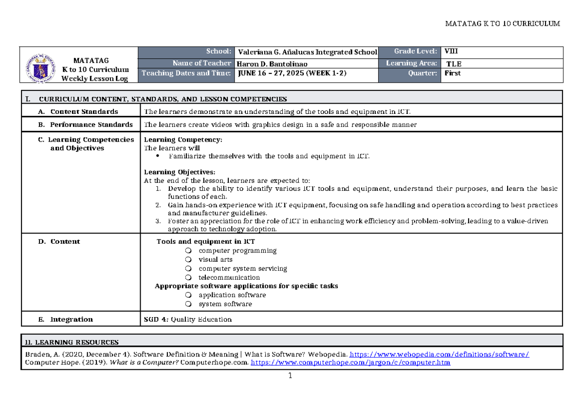 DLL - Matatag - TLE 8 - Q1 - Week 1 Lesson Log - Studocu