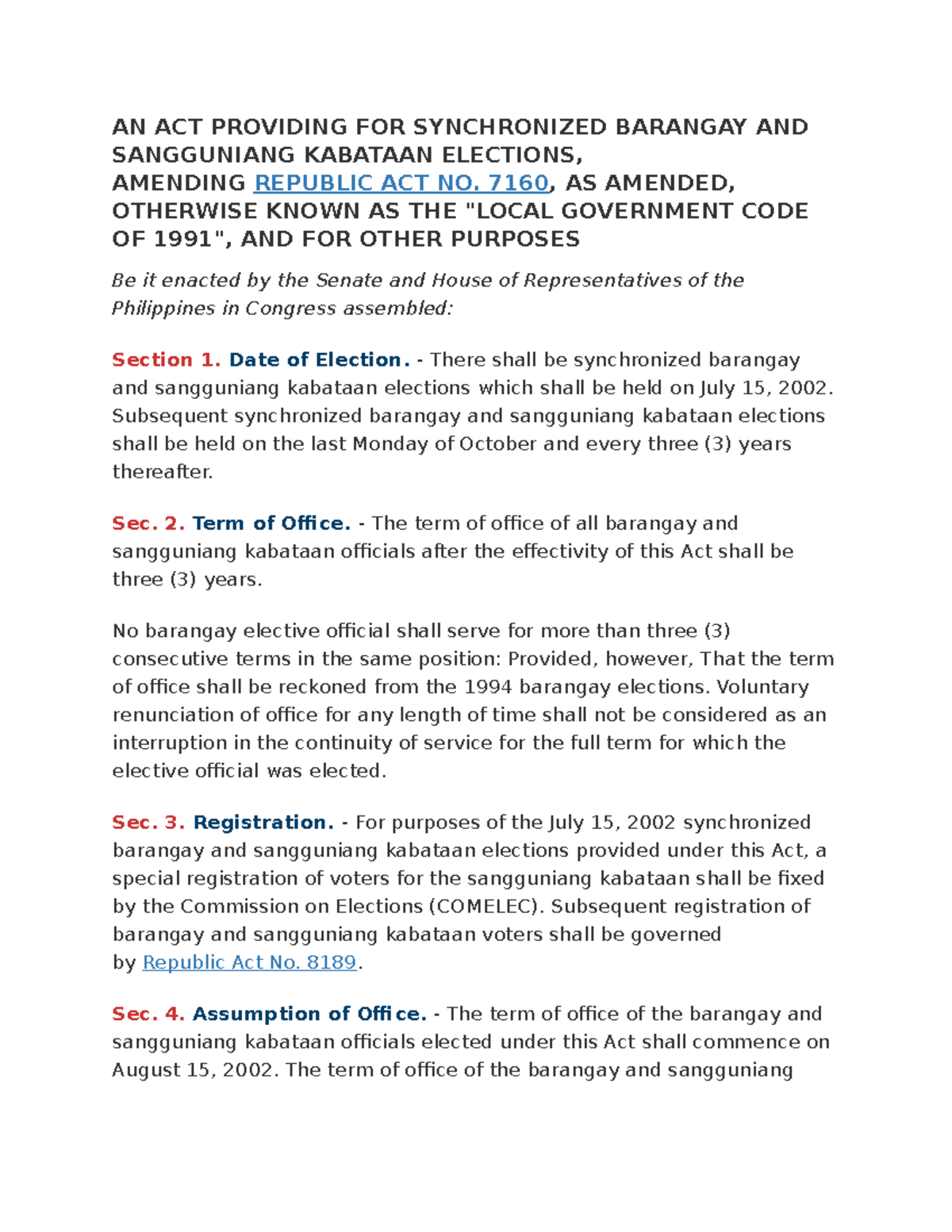 RA 9162 - Synchronized Barangay and SK Elections Act of 2002 - Studocu