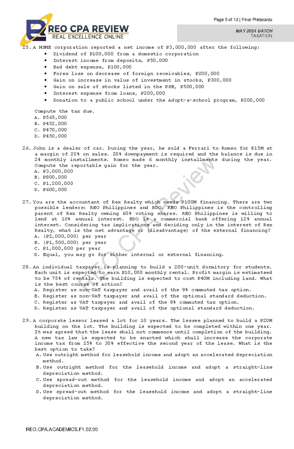 REO 07 TAX Final Preboard Review - May 2024 Batch - Studocu
