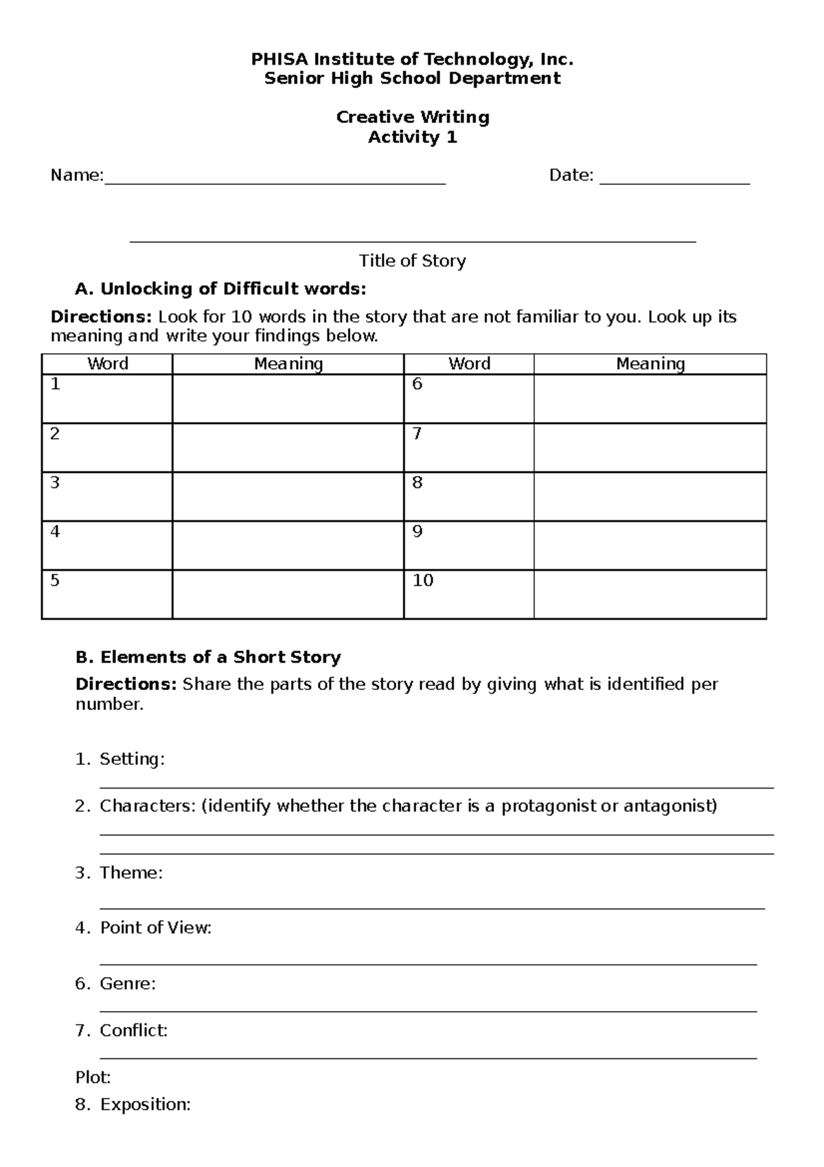 PHISA-CTW 1: Summarizing and Analyzing Short Stories - Studocu