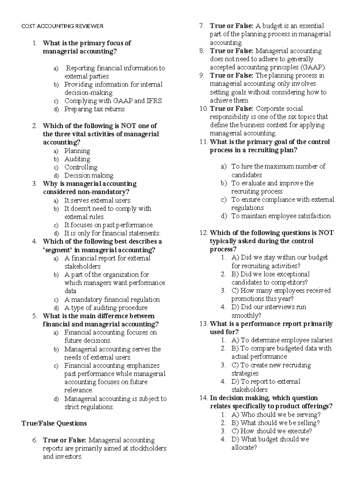 COST 101: Managerial Accounting Concepts & Cost Behavior Review - Studocu