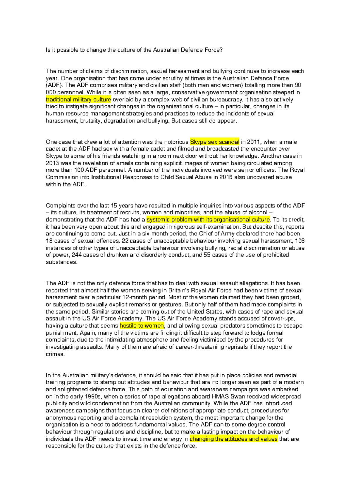 Changing the Culture of the ADF: Challenges & Strategies - Studocu