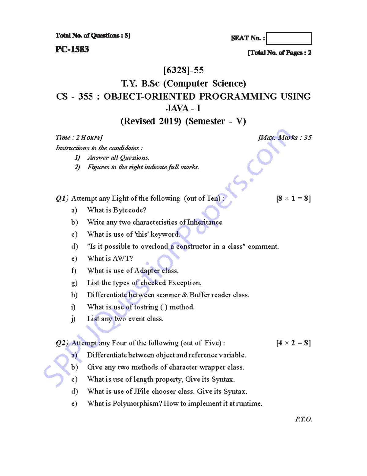 T.Y. B.Sc (CS) CS 355: OOP I Core Java Exam Pattern Nov 2024 - Studocu