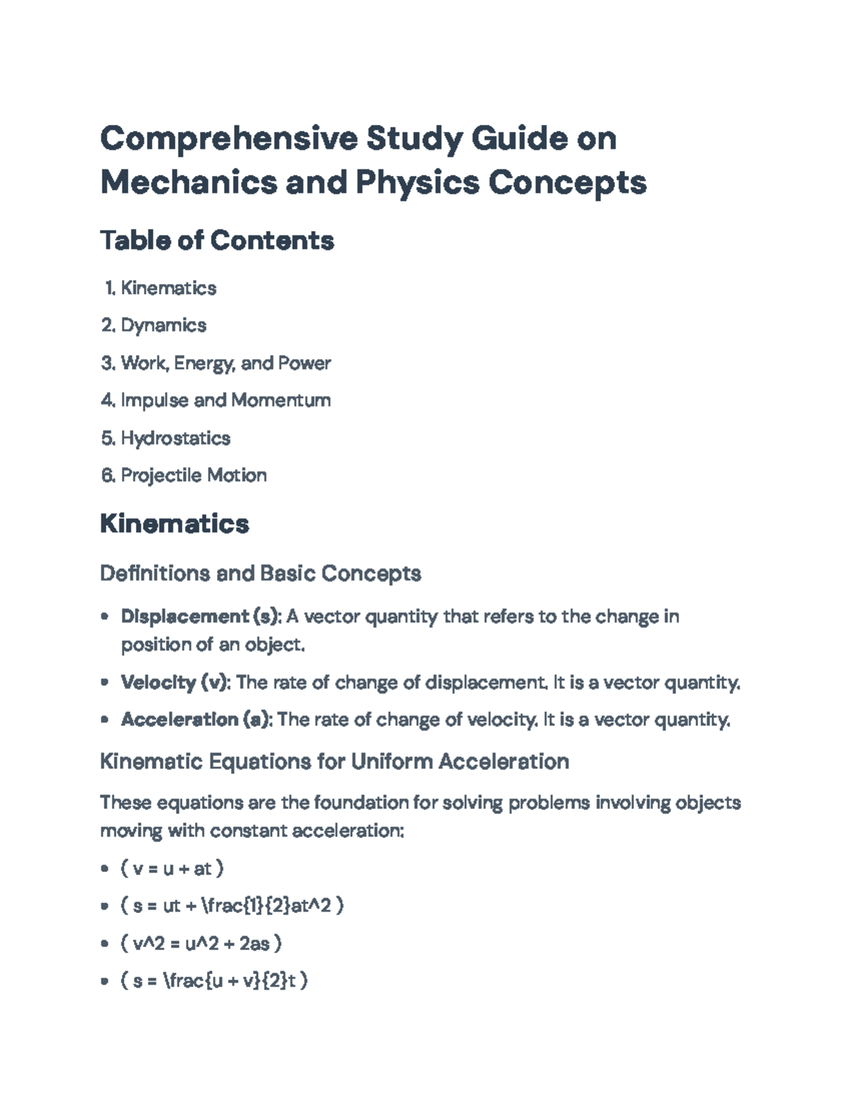 Comprehensive Study Guide: Mechanics & Physics Concepts (PHYS 101 ...