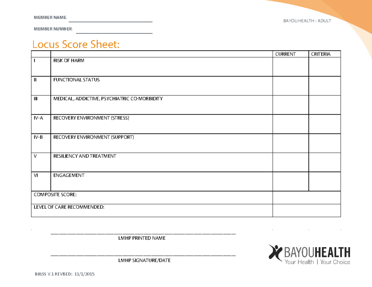 Locus Score Sheet 4 - BAYOU HEALTH - ADULT MEMBER NAME: MEMBER NUMBER ...