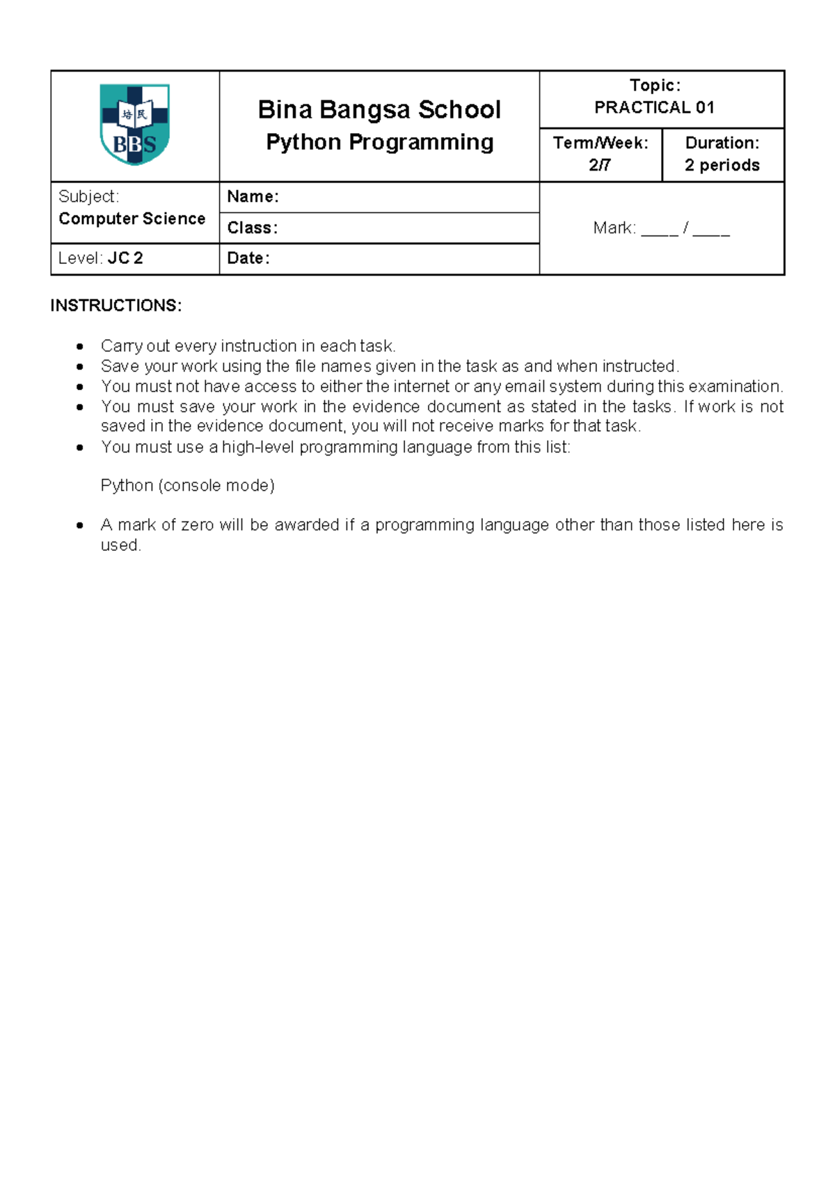 JC2 Computer Science: Python Programming Practical 01 Instructions ...