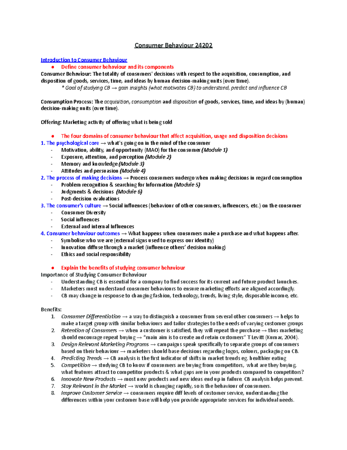 Q1 CB Notes - Consumer Behaviour 24202 Introduction to Consumer ...