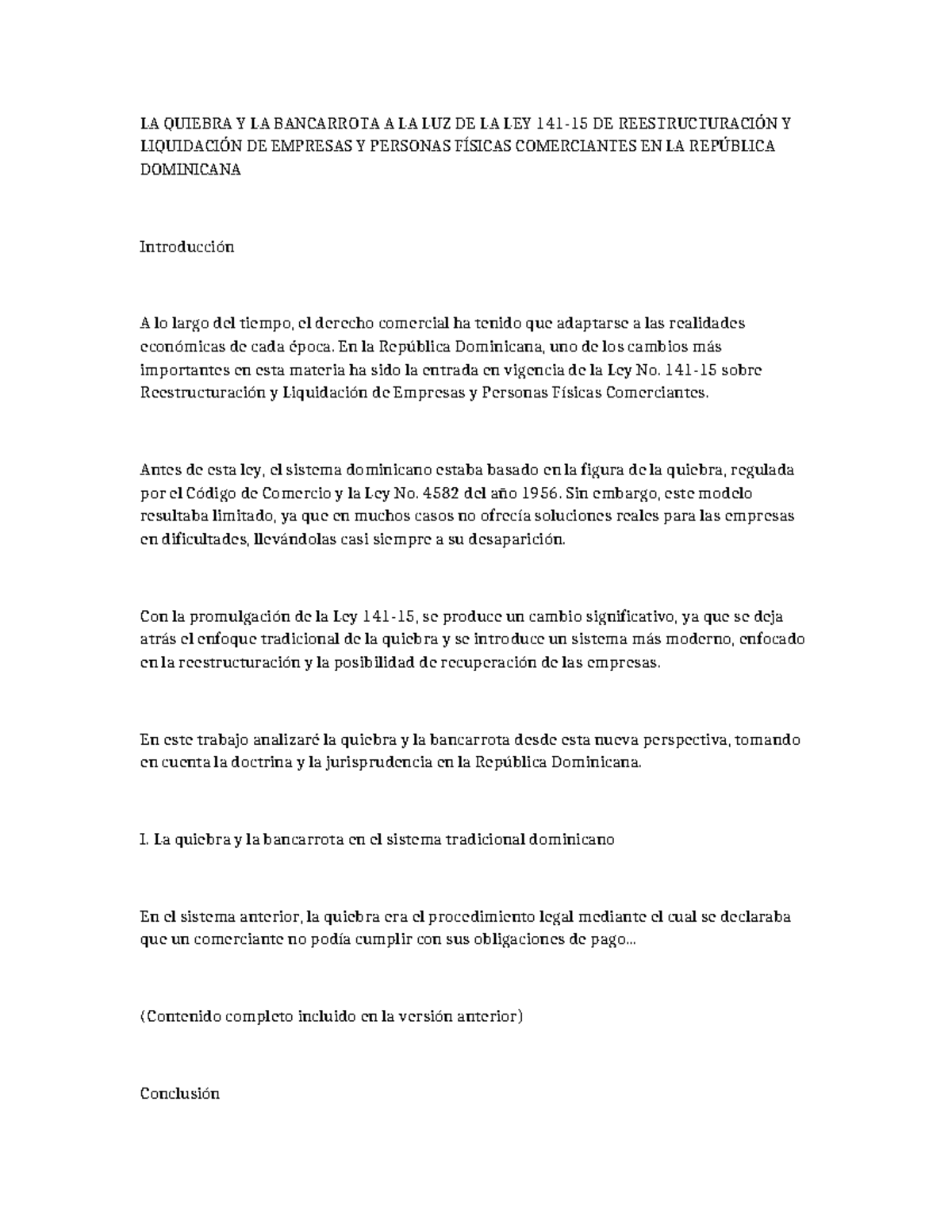 Trabajo sobre Quiebra y Bancarrota en la República Dominicana - Studocu