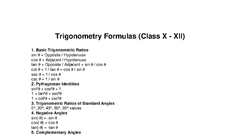 Trigonometry Formulas (Class X - XII) for Students - Studocu