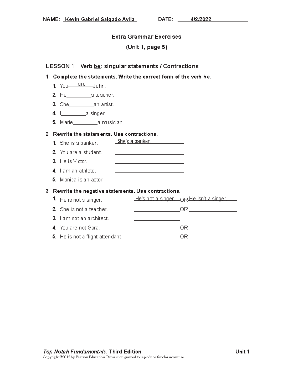 UNIT 01 Extra Grammar Exercises eng 1 (1)-convertido - NAME: Kevin ...