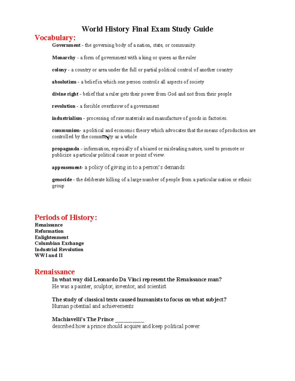 World History Final Exam Study Guide (Course Code: WH101) - Studocu