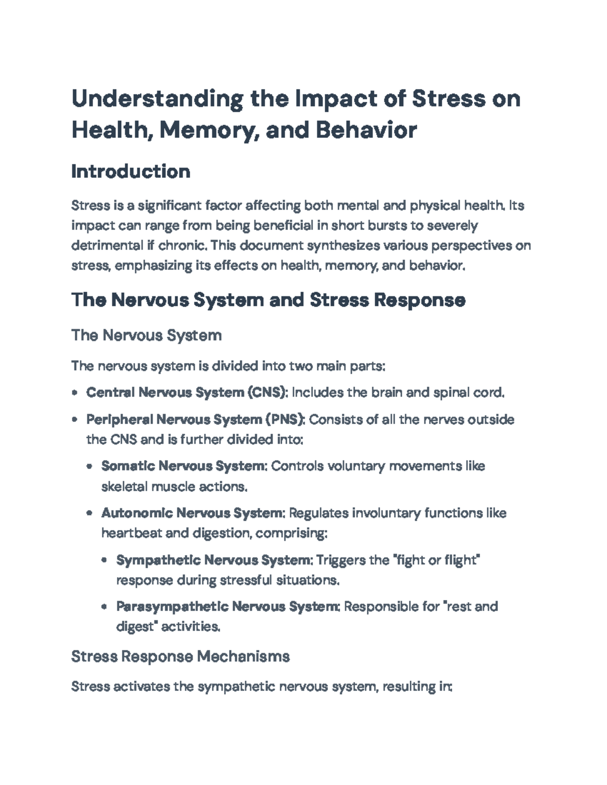 Understanding Stress: Effects on Health, Memory, and Behavior ...
