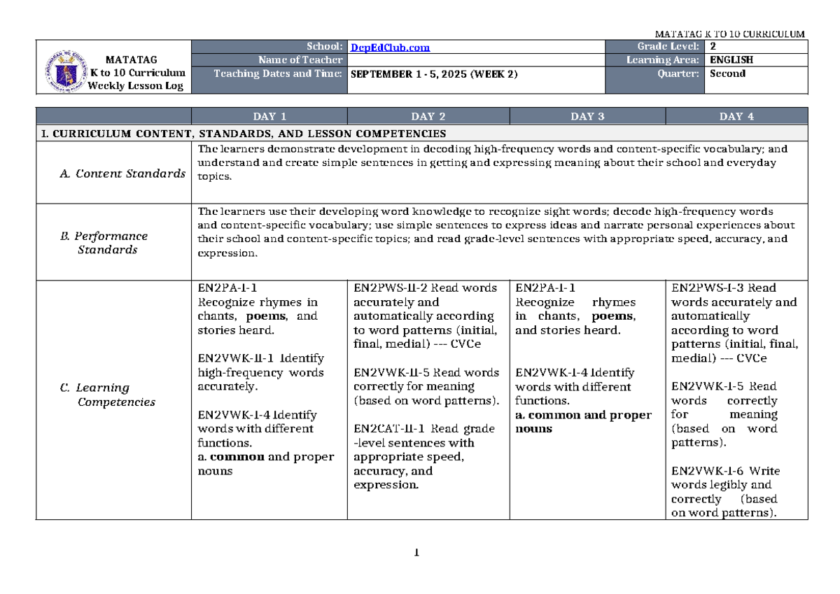 DLL Matatag K to 10 English 2 Weekly Lesson Log - Q2 W2 - Studocu