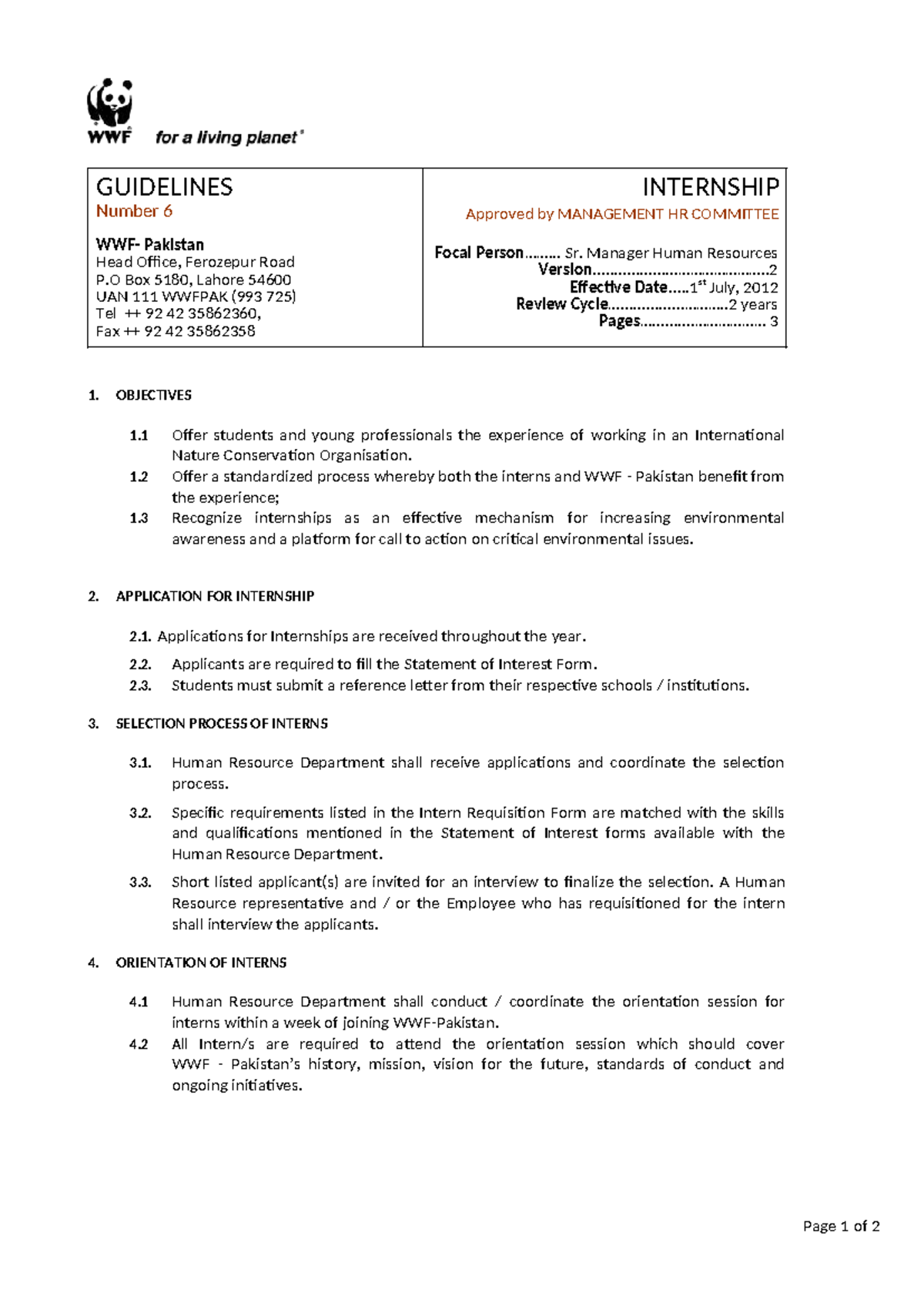 WWFPAK Internship Guidelines: Application & Selection Process - Studocu