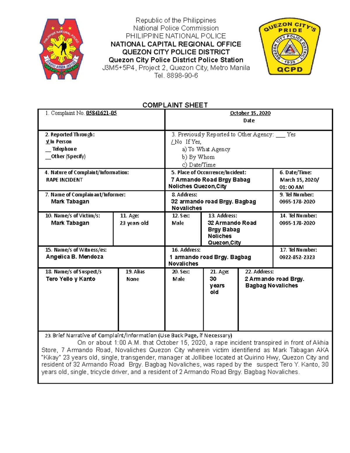 Complaint Sheet for Rape Incident - Crim 05841621-05 - Studocu