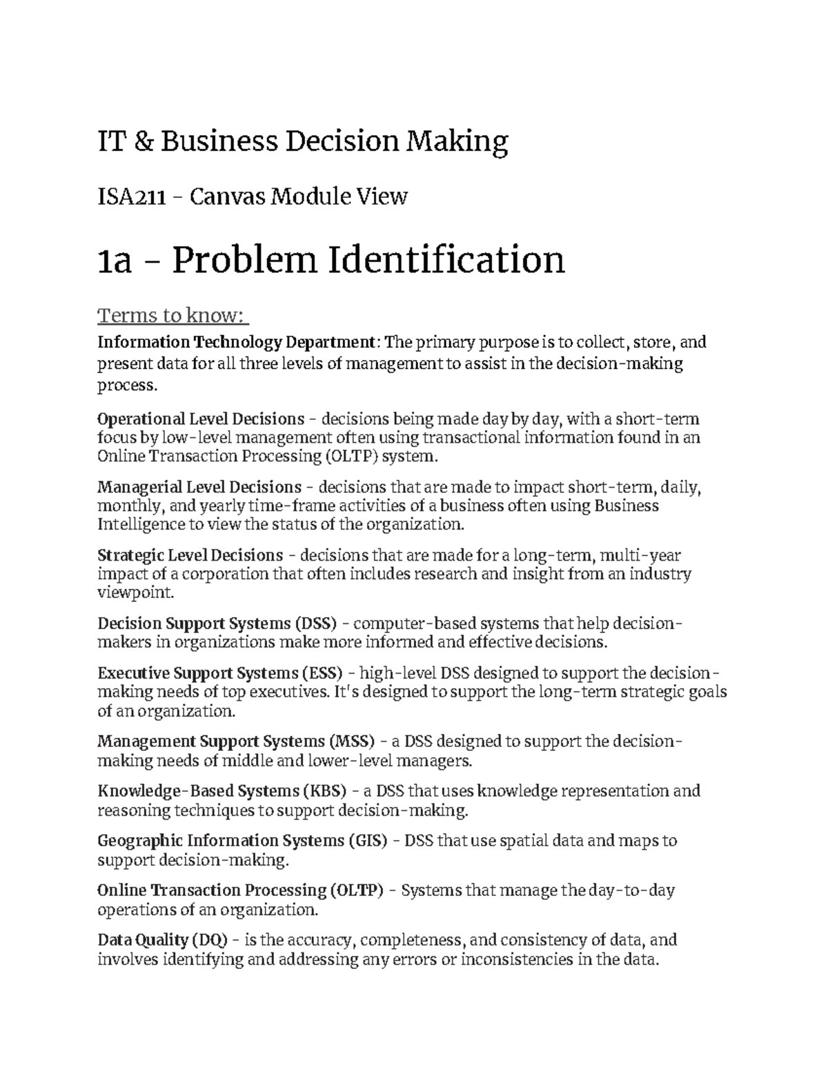 ISA 211 - IT & Business Decision Making Study Notes - Studocu