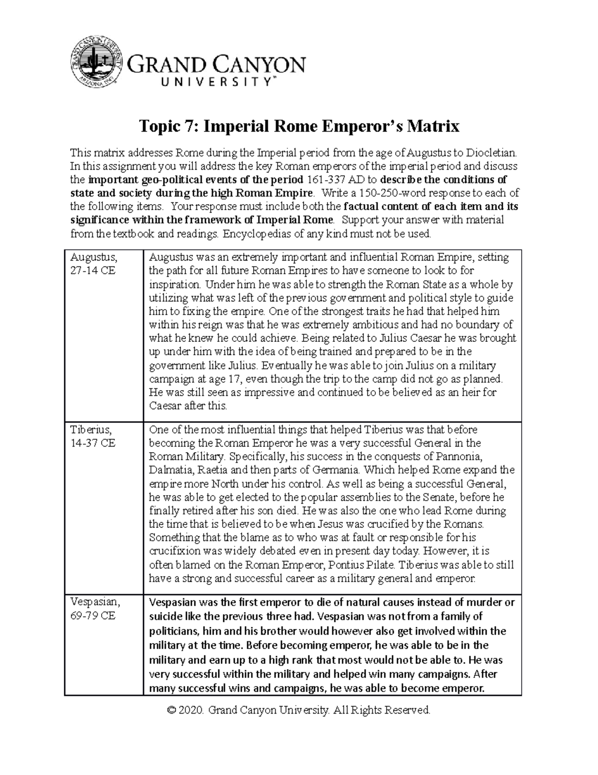 HIS-325-T7 - Imperial Rome: Key Emperors and Their Impact Matrix - Studocu