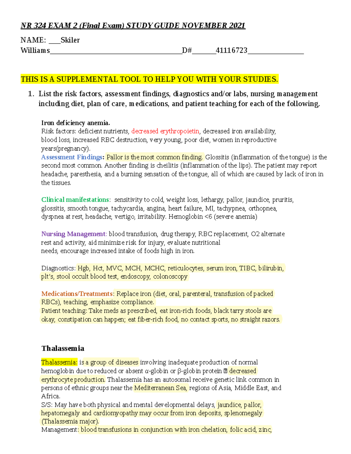 NR 324 Final Exam Study Guide - November 2021 (Includes Anemia & IBD ...