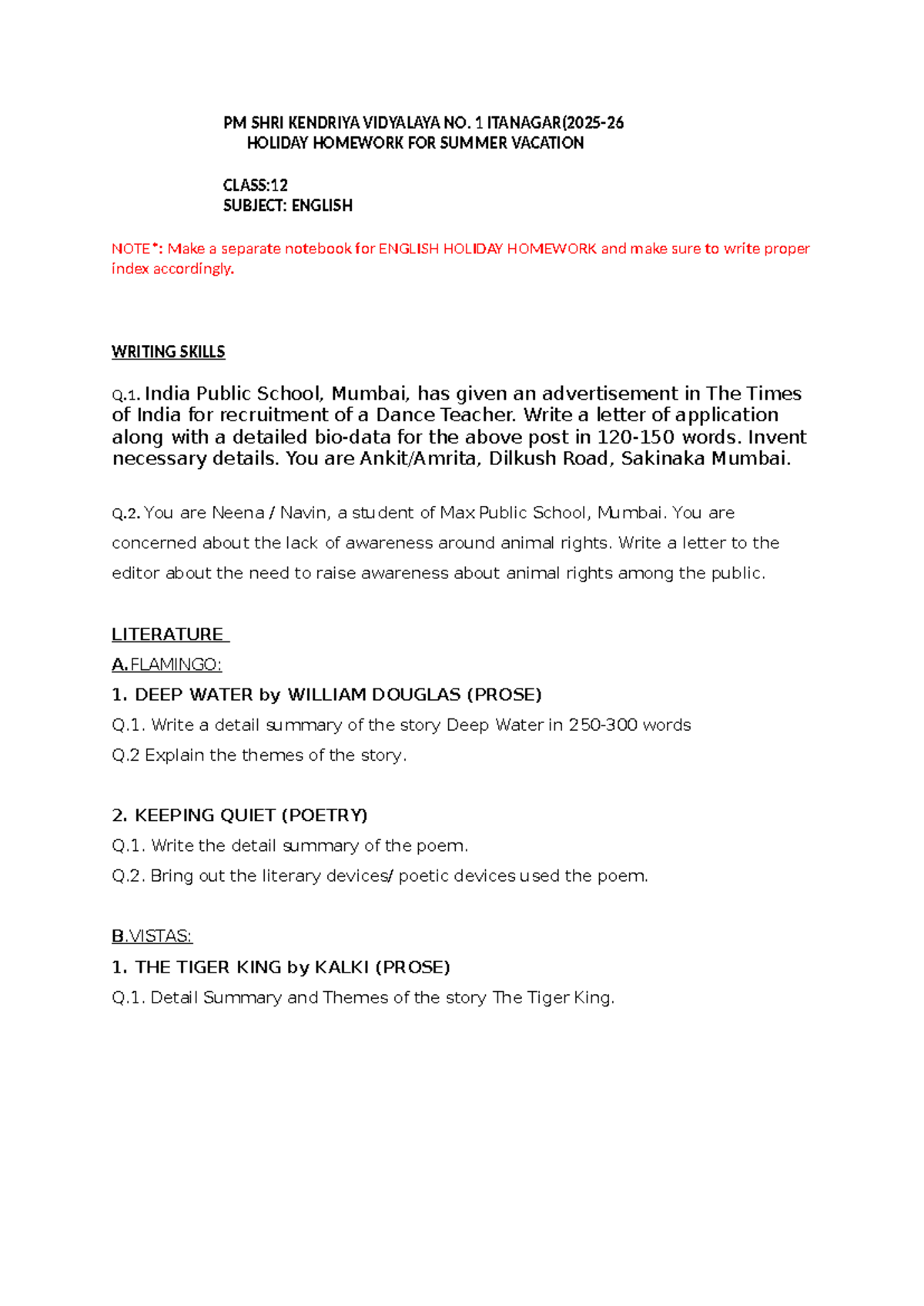 PM SHRI KENDRIYA VIDYALAYA NO. 1 CLASS 12 ENGLISH HOLIDAY HOMEWORK ...