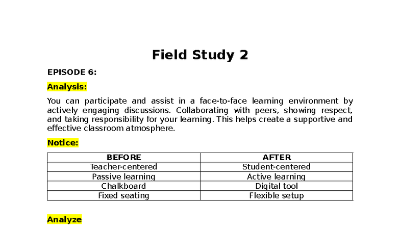 Field Study 2 - Episode 6: Enhancing Active Learning Environments - Studocu