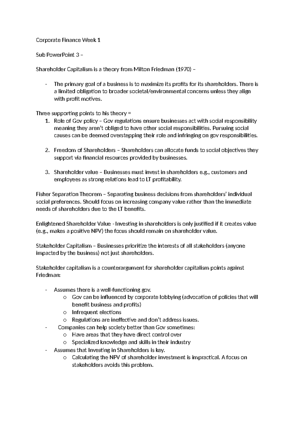 Corporate Finance Lecture Notes: Week 1 Overview and Key Theories - Studocu
